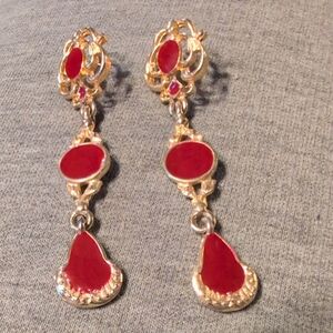 Red Enamel and Gold 3 Tier Drop Earrings